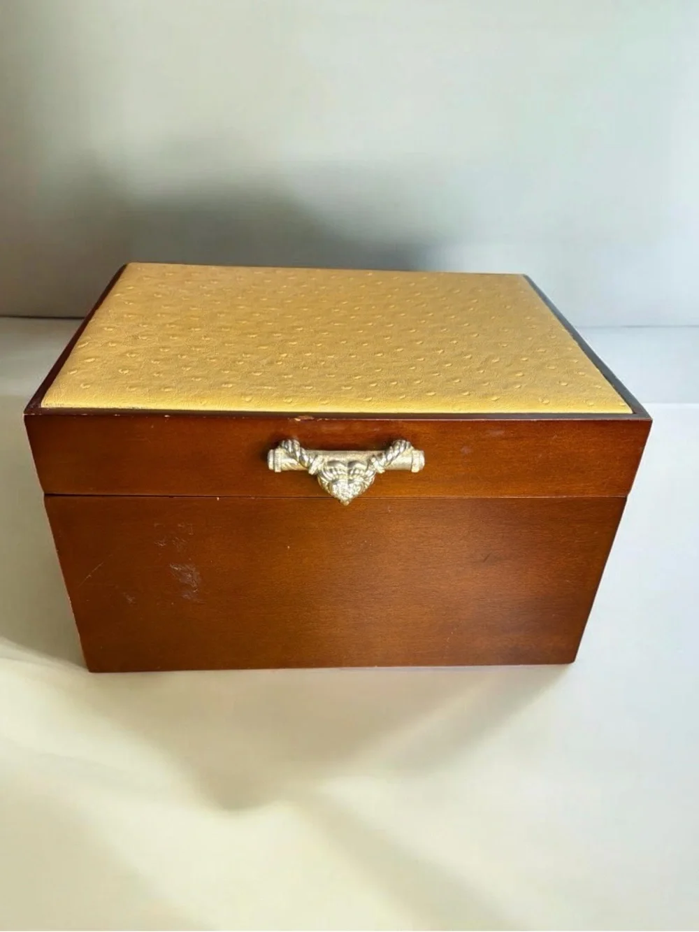 Vintage Judith Ripka Wood Jewelry Box Faux Ostrich Leather Top 3  Levels Heart